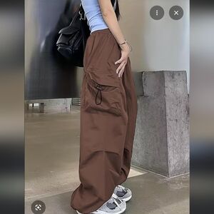 BRWN Stitch & Pine Elastic Waist Wide Leg Cargo Nylon Cotton Pant Burgundy Brown